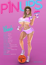 1girls 3d barb_(p1nups) barbells basketball big_breasts big_butt big_lips bimbo blonde_hair blue_eyes breasts buruma busty character_sheet cleavage crop_top dumbbell eyeshadow hourglass_figure lipstick makeup muscular p1nups platform_heels underboob voluptuous weightlifting