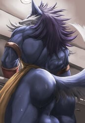 anthro apron ass backsack balls canid canine canis clothing hair looking_back male male_only mammal muscular muscular_male naked_apron shining_(series) shining_tears smile solo standing thick_thighs video_games volg wolf zex