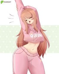 1girls belly belly_button closed_eyes color coral_pink_hair doki_doki_literature_club english_text female female_only long_hair long_sleeves monika_(doki_doki_literature_club) navel open_mouth pyjamas raionart solo standing stretching thighs tummy very_long_hair wide_hips yawn yawning