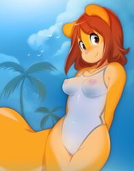 anthro areola avian big_tail bird blue_sky breasts brown_eyes cameltoe cleft_of_venus clothed clothing cloud day female fur hair hands_behind_back looking_at_viewer mammal miu miupix navel nipples one-piece_swimsuit orange_fur palm_tree peaches_(miu) pink_nose portrait red_hair rodent sciurid sky smile solo swimsuit three-quarter_portrait translucent transparent_clothing tree tree_squirrel