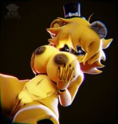 3d_(artwork) absurd_res anthro areola bear big_breasts breasts clothing digital_media_(artwork) female five_nights_at_freddy's fredina's_nightclub genitals ghost glitch glowing glowing_eyes golden_freddy_(fnaf) golden_fredina_(cally3d) hat hat_only headgear headgear_only headwear headwear_only hi_res mammal mostly_nude nipples pussy scottgames shachath3d solo spirit thick_thighs top_hat white_eyes