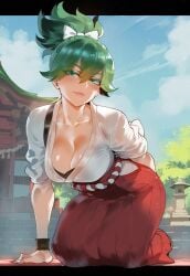 1girls ai_generated big_breasts blizzard_entertainment blush clothed clothing color female female_focus female_only flarekiss green_eyes green_hair hi_res kiriko_(overwatch) large_breasts light-skinned_female light_skin looking_at_viewer overwatch overwatch_2 solo solo_female tagme thick_thighs