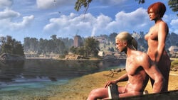 1boy 3d areolae barefoot beach breasts cd_projekt_red erection female geralt_of_rivia nipples penis pubic_hair red_hair scar shani sitting the_witcher the_witcher_(series) the_witcher_2 the_witcher_3:_wild_hunt white_hair xpsfm yellow_eyes