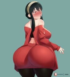 ass black_hair black_legwear blush blushing bubble_butt flustered giant_ass huge_ass red_outfit spy_x_family sweat tagme yor_briar zaina_art99