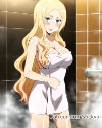 assassination_classroom bath blonde_hair blue_eyes cleavage irina_jelavic large_breasts naked_towel shiny_skin solo standing steam stickyai teacher thighs