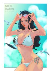 artist_name bikini bird black_hair blue_eyes blue_sky border breasts character_name cleavage closed_mouth cloud commentary cowboy_shot eyewear_on_head female female_only halterneck highres k164 large_breasts light_smile long_hair looking_at_viewer navel nico_robin one_piece pink_nails post-timeskip seagull side-tie_bikini_bottom sky solo string_bikini sunglasses sweat swimsuit underboob wet white_bikini white_border