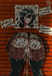 blush cum cum_in_ass cum_in_pussy cum_inside female fukua_(skullgirls) human no_panties nomus_hl skullgirls stuck stuck_in_wall video_games