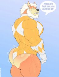 anthro ass bara barazoku beard big_ass canine costume facial_hair furry male male_only muscles muscular power_rangers solo solo_male speech_bubble tylerstark