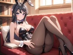 1girls ai_generated anilvl animal_ears ass bangs bare_arms bare_shoulders black_bow black_bowtie black_footwear black_hair black_leotard black_pantyhose blush book bookshelf bow bowtie breasts brown_pantyhose cleavage closed_mouth collar couch crossed_legs curtains detached_collar fake_animal_ears full_body hair_ornament hairband hairclip hand_on_own_thigh high_heels highleg_leotard indoors knees_up large_breasts legs leotard long_hair looking_at_viewer lying medium_breasts on_back on_couch pantyhose pillow playboy_bunny purple_eyes rabbit_ears rabbit_hair_ornament reclining sakurajima_mai seishun_buta_yarou_wa_bunny_girl_senpai_no_yume_wo_minai side-tie_leotard sitting smile solo strapless strapless_leotard sunlight thighband_pantyhose thighs white_collar window wrist_cuffs