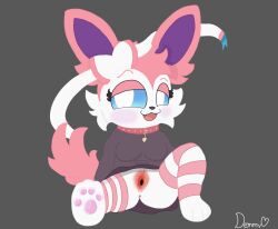 anthro anus ass big_breasts big_ears breasts clothing collar demmy eeveelution fan_character female footwear generation_6_pokemon genitals heart_symbol hi_res looking_at_viewer looking_pleasured nintendo paws pink_body pokemon pokemon_(species) pussy socks solo sweater sylveon tail topwear white_body