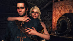 1boy 1girls 3d cd_projekt_red ciri female green_eyes hugging looking_at_partner scar skjall the_witcher_(series) the_witcher_3:_wild_hunt white_hair xpsfm