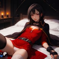 ai_generated brown_hair female flat_chest fully_clothed laying_on_bed megumin minokai panties red_eyes revealing_clothes self_upload waist_belt witch_hat