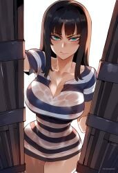 1girls ai_generated black_hair blue_eyes blush breasts female female_only long_hair looking_at_viewer nico_robin one_piece prison prison_cell prison_uniform sinderellaart solo sweat sweaty