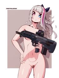 1girls alternate_version_available artist_name bar_censor covering_breasts crestfallen163 female female_only girls'_frontline gun heterochromia holding_weapon mdr_(girls'_frontline) ponytail pussy simple_background tagme tied_hair two_tone_hair