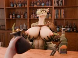 aak_(arknights) alcohol arknights beer beverage big_breasts blender_(artwork) blender_cycles breasts digital_media_(artwork) duo female gold_(metal) hand_on_breast hanging_breasts hi_res hypergryph male male/female mereo paying_with_sex reptile scalie snake studio_montagne