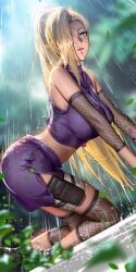 1girls all_fours blonde_hair blue_eyes breasts crop_top detached_sleeves fishnets highres ino_yamanaka large_breasts liang_xing miniskirt naruto naruto_(series) naruto_shippuden ponytail pouch purple_skirt rain skirt sleeveless solo thigh_pouch wet wet_hair