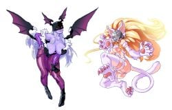 2girls angel angel_girl angewomon ass big_breasts blonde_hair breasts cat_ears cat_tail cosplay crossover darkstalkers demon demon_girl digimon digimon_adventure fake_animal_ears felicia_(darkstalkers)_(cosplay) female female_only gerusyu head_wings huge_breasts ladydevimon large_breasts leaning_forward leotard long_hair looking_at_viewer morrigan_aensland_(cosplay) multiple_girls purple_skin smile tail twintails white_hair wings