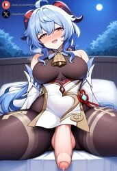 1futa ai_generated balls big_breasts big_penis blue_hair blush clothing cock dickgirl flaccid foreskin futa_only futanari ganyu_(genshin_impact) genshin_impact huge_cock light-skinned_futanari light_skin long_hair looking_at_viewer multicolored_eyes outdoors penis precum roxygtf sitting smug solo sweat sweating sweaty_body