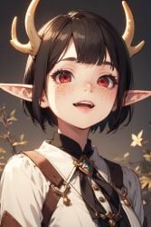 ai_generated antlers beach black_hair cute elf_ears exotic_dancer eye_contact gloves pixie_cut red red_eyes red_gloves seductive_expression short_hair smirk smug_expression teasing usebackdooronly