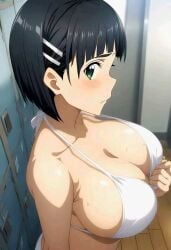 ai_generated bathroom big_breasts bikini_top blush breasts busty changing_room curvy_body curvy_female eye_contact female hi_res kirigaya_suguha looking_at_viewer short_hair sideboob sweatdrop sword_art_online white_bikini