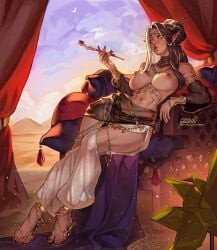 arabian arabian_clothes breasts elf_ears female greenu smoking_pipe tent topless