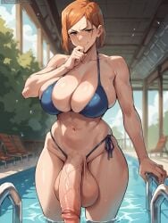 ai_generated big_balls big_breasts big_penis bikini futa_only futanari grapesss gynomorph jujutsu_kaisen kitagawa_marin kugisaki_nobara light-skinned_futanari looking_at_viewer orange_hair pool sagging_balls swimsuit tagme touching_face veiny_penis