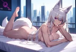 ai_generated boobs breasts butt cat_ears christina_sherman city city_background eyes foot_fetish hand_on_chin kristina_sherman laying_on_bed leg_up looking_at_viewer purple smiley_face trixie_vox virtual_youtuber vtuber white_bed_sheet white_hair white_tail