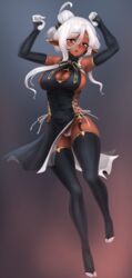 ass ass_visible_through_thighs barbariank black_dress breasts cameltoe cleavage dark-skinned_female dark_elf dark_skin elbow_gloves elf female hair_between_eyes large_breasts panties pelvic_curtain pointy_ears red_eyes side_slit sideboob simple_background solo thighhighs tied_hair underwear white_hair white_panties