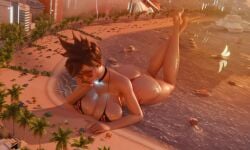 1girls 3d ass beach big_ass big_breasts big_butt bikini blizzard_entertainment breasts brown_hair brown_hair_female female female_focus flag_bikini giant_female giant_woman giantess jimmy144 lena_oxton light-skinned_female light_skin overwatch overwatch_2 overwatch_league scrag_tracer short_hair summer_games_series sunglasses tinted_eyewear tracer union_jack_tracer video_game_character water