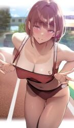 1girls bare_arms bare_shoulders blush breasts brown_hair buruma cleavage day erect_nipples female female_focus gentsuki highres large_breasts leaning_forward lewd looking_at_viewer medium_hair navel original original_character outdoors parted_lips red_buruma red_eyes red_sports_bra smile solo sports_bra standing stomach tan tanline thighs