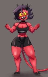 1girls abs bare_arms bare_legs bare_shoulders bare_thighs big_breasts black_hair clothed clothing color demon demon_girl demon_horns demon_tail female female_focus female_only fit_female helluva_boss hi_res imp large_breasts looking_at_viewer millie_(helluva_boss) muscles muscular muscular_female red_body red_skin short_hair solo solo_female tagme thedarkzircon thick_thighs