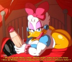 1boy 1girls angelauxes animated anthro bed bubble_butt butt_crack completely_nude cum daisy_duck disney female furry handjob mickey_mouse tongue_out