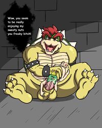 3_fingers 3_toes anon balls bara bowser crown cum domination fellatio forced human koopa larger_dom male male_domination mammal mario_(series) new_super_mario_bros._u_deluxe nintendo oral penis reptile scalie sex smaller_sub speech_bubble super_crown super_mario_bros. text theshamelessfreak toes video_games yaoi