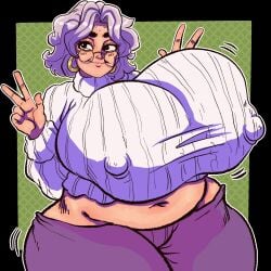 gilf glasses grandma grandmother granny grey_hair huge_breasts lewdbeef old old_woman sweater_puppies