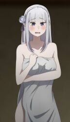 1girls blanket_only blush clothes_removed covering_breasts elf elf_ears elf_female emilia_(re:zero) exposed_shoulders light-skinned_female light_skin naked naked_female notperf nude nude_female purple_eyes re:zero_kara_hajimeru_isekai_seikatsu silver_hair solo standing stripped_naked undressed