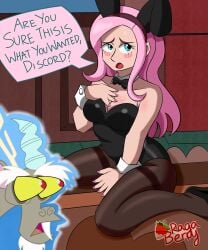 2d 2d_(artwork) background blush bunny_ears bunny_girl bunnysuit cleavage dialogue discord_(mlp) embarrassed fluttershy_(mlp) fluttershy_(mlp) friendship_is_magic high_heels my_little_pony my_little_pony_friendship_is_magic playboy_bunny ragaberry_(artist) reaction reaction_shot tights watermark