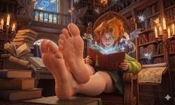 ai_generated deadlock feet foot_fetish ginger green_clothing library magic paige_(deadlock) red red_hair redhead_female soles