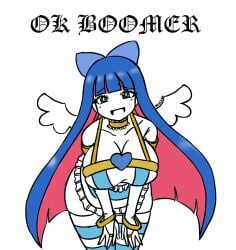 angel big_breasts blue_hair breasts collar deculture dress green_eyes heart large_breasts magicalgirlnoir ok_boomer panty_&_stocking_with_garterbelt ribbon stocking_anarchy thick_thighs wings