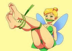 blonde_hair bondage bound cleavage female female_only femsub gag green_eyes png pointy_ears puffpow simple_background solo solo_female tinker_bell wings