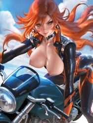 absurd_res ai_generated bike breasts genshin_impact large_breasts latex_suit long_hair mavuika_(genshin_impact) ministro motorcycle nipples nude on_motorcycle