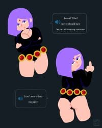 1girls dc_comics dialogue duolingo english_text fanart female female_focus female_only lily_(duolingo) looking_at_viewer middle_finger owlyn raven_(cosplay) solo talking_to_viewer teen_titans