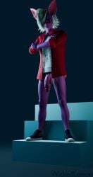 3d_(artwork) balls clothed clothing crossed_arms digital_media_(artwork) flaccid genitals hi_res humanoid male partially_clothed penis presenting presenting_penis solo stairs standing vladdo wickedlemon