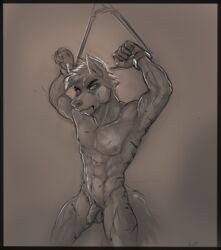 anthro athletic biceps blood bondage bound canid canine canis crossbeam foreskin hands_over_head looking_at_viewer male male_only mammal marsonaut muscular muscular_male nude pain pecs penis pubes standing torture tough_guy tuft uncut whip_marks wolf wounded