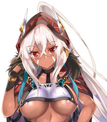 1girls absurdres azur_lane bangs black_gloves blush breasts closed_mouth collarbone commentary_request crop_top crossed_bangs dark-skinned_female dark_skin eagle_union_(azur_lane) expressionless eyebrows_visible_through_hair facepaint female fingerless_gloves fur_trim gloves hair_between_eyes hand_up head_scarf head_tilt high_ponytail highres large_breasts long_hair minneapolis_(azur_lane) native_american nipple_slip nipples pauldrons red_eyes shoulder_armor simple_background solo tsurime uchida_shou upper_body white_background white_hair