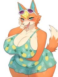 animal_crossing anthro audie_(animal_crossing) baburusushi big_breasts biped black_nose blush breasts canid canine canis cleavage clothed clothing eyelashes fangs female fur genitals green_eyes hi_res looking_at_viewer mammal nintendo orange_body orange_fur orange_tail pussy simple_background solo tail teeth tongue tongue_out translucent translucent_clothing voluptuous voluptuous_female white_background wolf