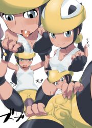 1boy 1girls after_oral big_ass bike_shorts blue_eyes blush breasts censored clothing_skin cum cum_in_mouth cum_inside dark-skinned_female dark-skinned_male dark_skin female forced_in_fabric half-closed_eyes helmet human inviting legs_up man0. nintendo npc_trainer penis pokemon pokemon_xy roller_skater_(pokemon) sex sex_through_clothes shirt shorts simple_background skater skin_tight small_breasts text thick_thighs through_clothes wide_hips