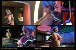 big_breasts blue_hair bovid bovine breasts cattle clothing comic dialogue female hair hi_res jinsariakhavra latex latex_clothing mammal mayternity oura science_fiction