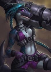 anthro black_body blue_hair breasts conditional_dnp cosplay countershading digital_media_(artwork) female fish hair hi_res hybrid inert-ren jinx jinx_(league_of_legends) league_of_legends marine medium_breasts navel non-mammal_breasts non-mammal_navel pink_eyes riot_games scalie shark simple_background solo tail tencent thick_thighs white_body white_countershading