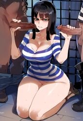 1girls ai_generated big_penis black_hair blush breasts dark-skinned_male dark_skin female handjob interracial long_hair male nico_robin one_piece oral penis prison prison_cell prison_uniform sinderellaart