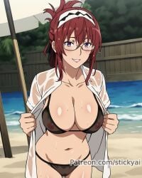 ai_generated beach bikini bikini_under_clothes folded_ponytail glasses large_breasts lilia_(mushoku_tensei) lilia_greyrat mature_female milf mushoku_tensei mushoku_tensei:_isekai_ittara_honki_dasu purple_eyes red_hair solo stickyai swimsuit